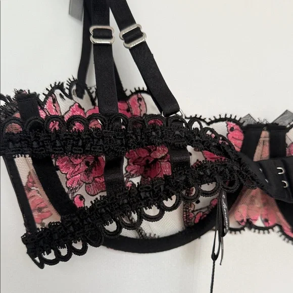 For Love And Lemons Black and Pink Floral Lace Bra - Picture 4 of 6